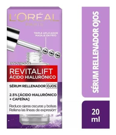 L'Oréal Paris Revitalift Filler Sérum de Ojos con Ácido Hialurónico + Cafeína, Rellena hasta 2.5% Líneas de Expresión y Corrige Ojeras, Aplicador Triple Perla, 20ml