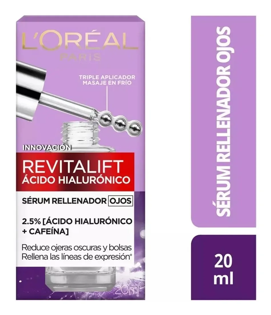 L'Oréal Paris Revitalift Filler Sérum de Ojos con Ácido Hialurónico + Cafeína, Rellena hasta 2.5% Líneas de Expresión y Corrige Ojeras, Aplicador Triple Perla, 20ml